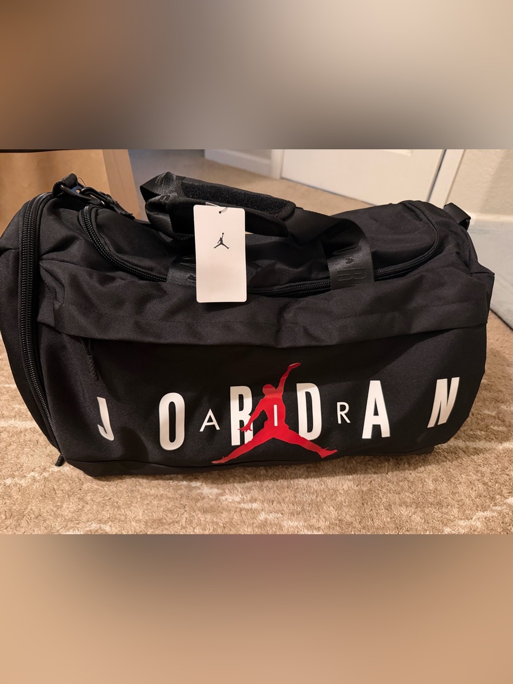 Jordan Black Duffel Bag with Red Jumpman and White Logo